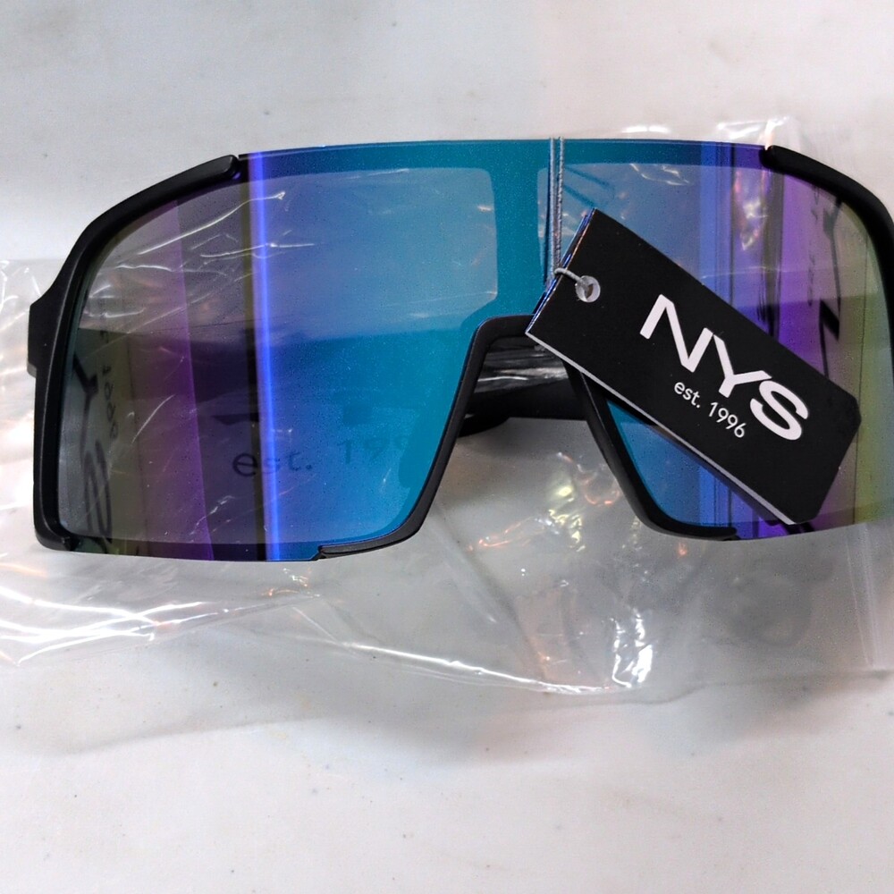 NY8 0173 Women’s Shield Sunglasses Black Plastic Frame Blue Mirrored Lenses